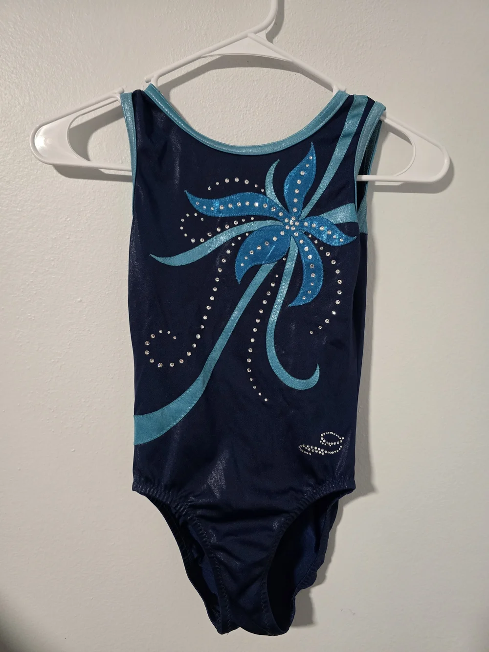 Navy Blue Rhinestone Gymnastics or Dance Leotard Child Large Flower